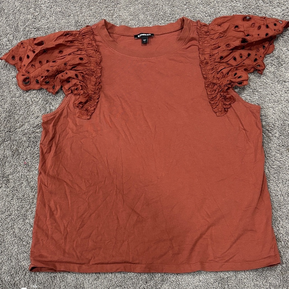 Express Rust Short Sleeve Top with Ruffled Details